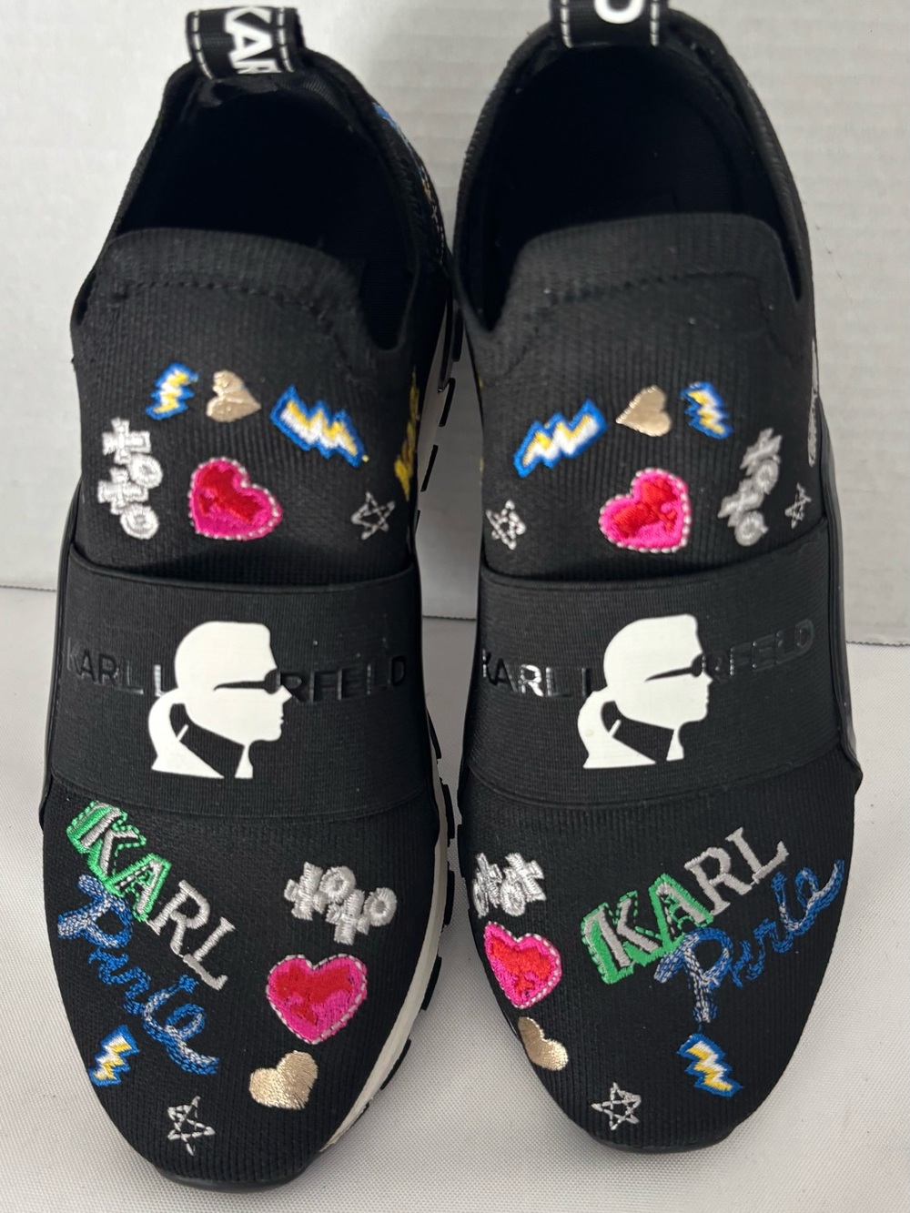 NEW Karl Lagerfeld Black Slip-On Sneakers with Multicolor Embroidered Patches